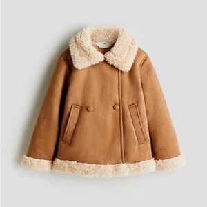 H&M Kids Fluffy Trimmed Pea Coat - Tan - Size 6-8 - Like New